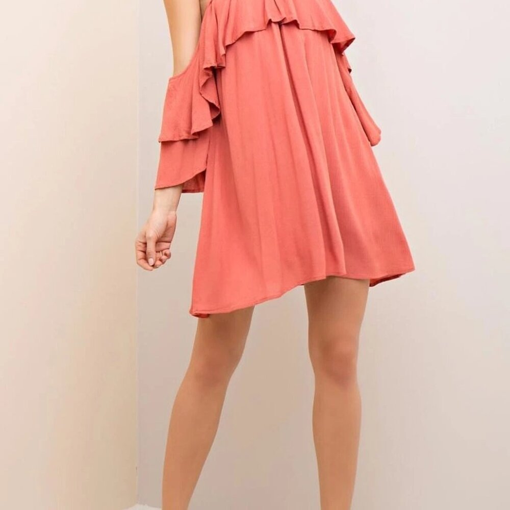 ENTRO💗Boho Marsala Color Ruffled Off Shoulder Swing Dress💗 Sz M